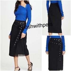 TU Cinq a Sept Tess Double Belt O Ring Pleated Crepe Midi Skirt Back Zip Black 0